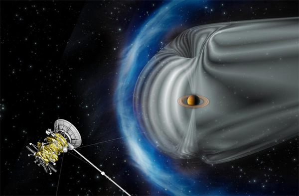 Illustration of Cassini investigating Saturns bow shock region outside its magn